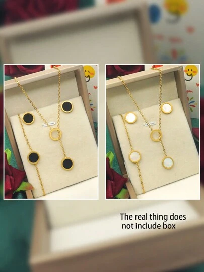 女士金色多层不锈钢项链 18k 镀金精致圆形贝壳耳环时尚可爱吊坠手链套装女士耳钉金首饰，适合情人节、婚礼季、周年纪念日、母亲节、送给家人和朋友的礼物