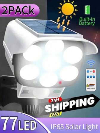2 件户外太阳能运动传感器假摄像头灯，太阳能壁灯庭院夜灯 LED 聚光灯，6000LUM 77 LED 泛光灯带遥控器，无线安全泛光灯 - 适用于酒店、门廊、花园、露台、车道照明装饰，适用于圣诞节、万圣节、节日派对、庭院 - 2025 年升级版