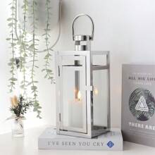 Stainless Steel Decorative Lantern 12'' High Metal Candle Holder Outdoor Candle Lantern With Tempered Panels For Christmas Home Decor Living Room Parties Events Tabletop Indoor Outdoor