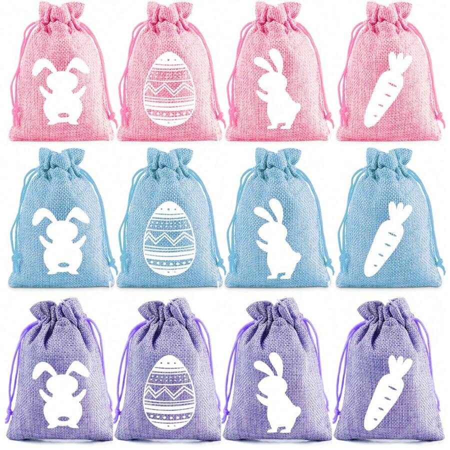 4/12pcs Easter Gift Bags With Drawstring, Easter Bunny Printed Gift Packaging Bags, Small Size Gift Bags In Multiple Colors - Multicolor - View 1
