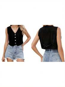 Women's Solid Color Denim Vest Sleeveless V Neck Slim Fit Trendy Button Up Tank Tops