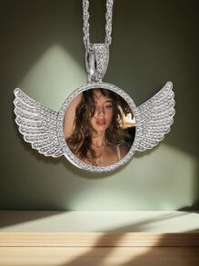 Personalized Rhinestone Studded Angel Wings Photo Necklace | Custom Photo Necklace | Hip Hop Photo Pendant | Iced Custom Round Photo Pendant,Gold,Silver,Stylish,Colorful,Vintage,Unisex,Hipster,Simple,Casual,Custom,Personalized,Unique,Ideal Gifts For Him,Ideal Gifts For Her,Her,Boyfriend,Girlfriend,Dad,Mom,Family,Friends,For Anniversaries,For Birthdays,For Graduation,For Prom,For Party,Jewelry Women,Elegant Outfit,Delicate Romance,Silver Stylish - Multicolor - View 8
