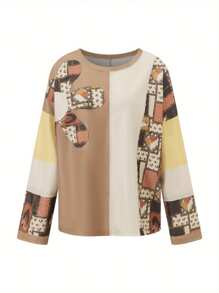 Women's Spring Tops O Neck Long Sleeves Waffle Splicing Daisy Pattern Loose Comfortable Casual Fashion T-Shirts - Khaki - View 6