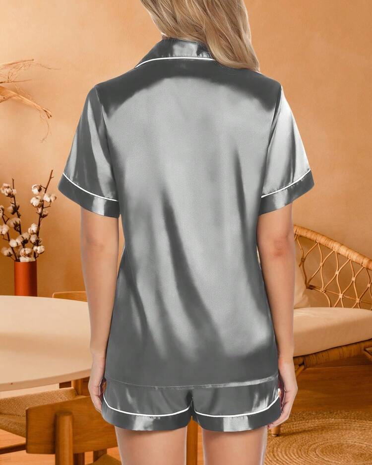 Women's American Satin Silk Touch Pajamas With Elastane Short Sleeve And Summer Shorts With Pocket And Button - Grey - View 4