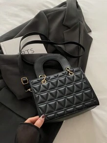 新款冬季菱形手提包和斜挎包，配有钱包 - 黑色 - 查看 4