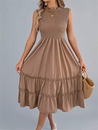 Vestido de playa de verano para mujer con cintura smock, sin mangas, con ribete de encaje, cuello redondo y bajo con volantes, midi