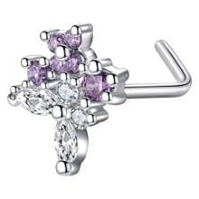 20G Pendientes de aro para la nariz en forma de L con colgante para mujer, aros de nariz con pendientes con flor de circonita cúbica de acero inoxidable para perforaciones de la nariz