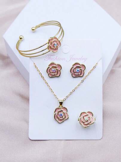 5pcs Set Fashion Elegant Oil Drop Rhinestone Flower Rose Pendant Necklace, Earrings, Ring, Bracelet Jewelry Set, Floral Series Daily Matching, New Arrival