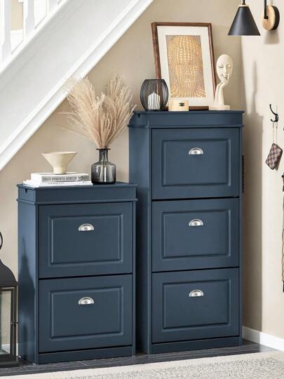 SoBuy Shoe Cabinet With Drawer And Hooks - Shoe Rack, Shoe Cabinet, Narrow - 3 Flaps For Up To 12 Pairs Of Shoes - Ideal For Hallways & Small Spaces - MDF(E1), Blue, 53x24x118cm - FSR94-B