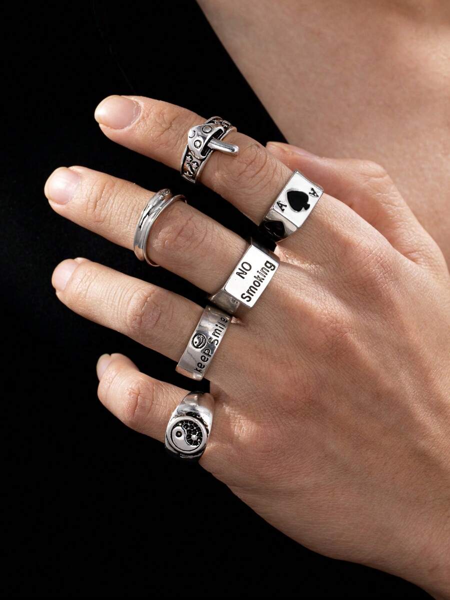 6 件套夸张金属鬼脸英文字母八卦元素戒指时尚朋克风格男士戒指