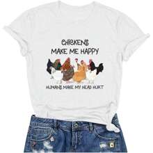 Women's Letter Print Short Sleeves Casual Tops Funny Chicken Graphic T-Shirt