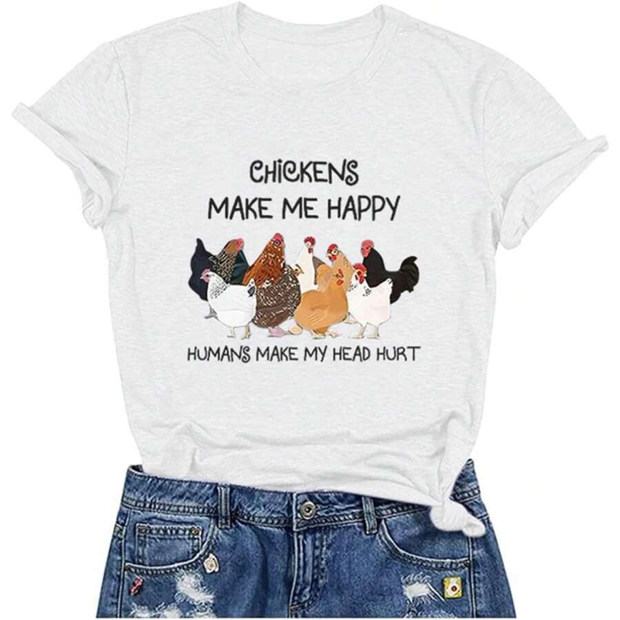 Women's Letter Print Short Sleeves Casual Tops Funny Chicken Graphic T-Shirt