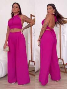 Women's Dune Cropped Set And Palazzo Pants, Summer Model - 玫瑰紅 - 查看 1