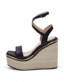 Tacones Beige de Plataforma Tejida con Estoperoles - Negro - Ver 2