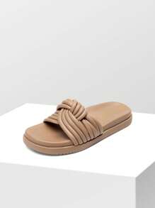 Women Open Toe Slide Sandals Knotted Padded Tubular Straps Leisure Slip On Flat Sandals Summer Casual Chic Comfort Daily Shoes - 駝色 - 查看 7