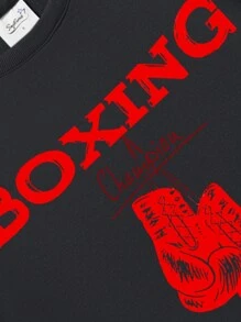 Personnalité  fanatique thème de boxe slogan imprimé sweat-shirt pour homme en coton noir haut automne et hiver décontracté polyvalent doublure chaude col rond sweat surdimensionné sweat-shirt ample décontracté pour sortir haut polyvalent style sport de rue manches longues adapté aux vêtements par temps froid polaire pour homme confortable à manches longues