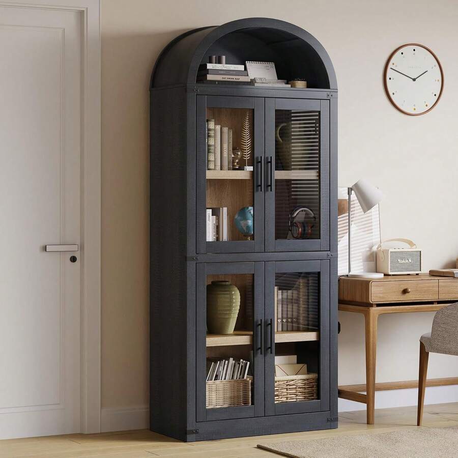 GOCAPTAIN Arched Bookshelf With Doors Farmhouse Bookcase 15.83in Depth Display Storage Shelves 71.4in Tall Wooden Display Cabinet Rounded Bookcases For Living Room, Kitchen, Office - 黑色 - 查看 1