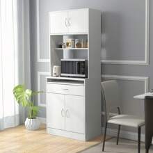 HOMCOM HOMCOM Alacena de Cocina Mueble Aparador Auxiliar con 4 Puertas Bandeja Extraíble Estante Ajustable Cajón y Encimera de Microondas Abierta 70x40x180 cm Blanco