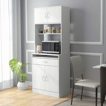  HOMCOM Alacena de Cocina Mueble Aparador Auxiliar con 4 Puertas Bandeja Extraíble Estante Ajustable Cajón y Encimera de Microondas Abierta 70x40x180 cm Blanco
