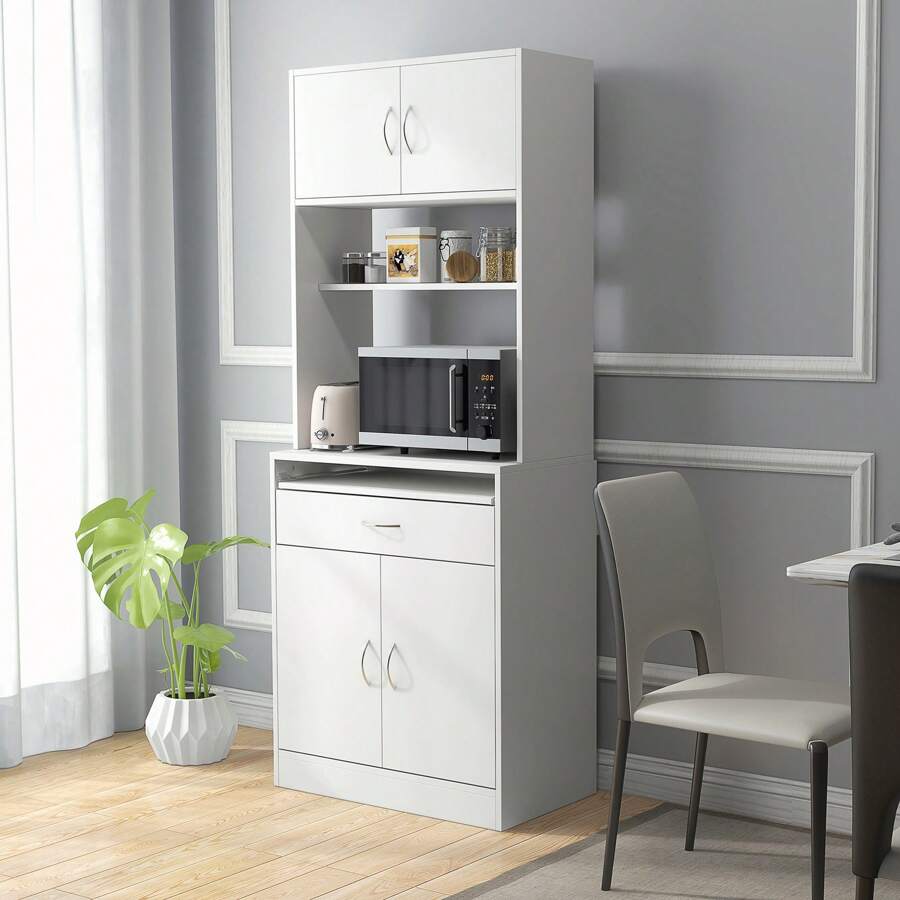 HOMCOM HOMCOM Alacena de Cocina Mueble Aparador Auxiliar con 4 Puertas Bandeja Extraíble Estante Ajustable Cajón y Encimera de Microondas Abierta 70x40x180 cm Blanco