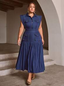 Sollinarry 大码女士优雅纽扣前袋连衣裙，适合女性办公室穿着，也适合教师夏季穿着 - 藏青色 - 查看 4