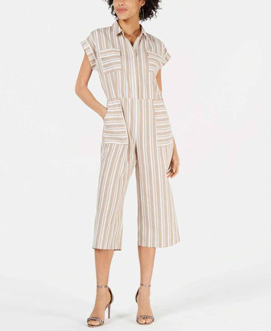 Monteau Petite Striped Utility Jumpsuit - Natural - View 1