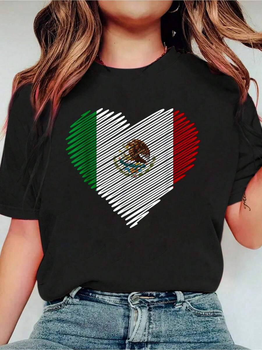 Mexican Flag Heart Gift Mexico T-Shirt Print Crew Neck Casual T-Shirt Short Sleeve Sports Top, Smart Casual/Street Style Women's Clothing - 黑色 - 查看 1