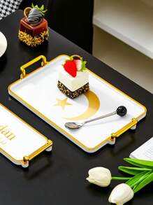 1pc Rectangular Tray With Halloween, Ramadan, Star & Moon Stickers, Multifunctional Holiday Serving Plate - Clear - View 6