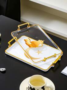 1pc Rectangular Tray With Halloween, Ramadan, Star & Moon Stickers, Multifunctional Holiday Serving Plate - Clear - View 1