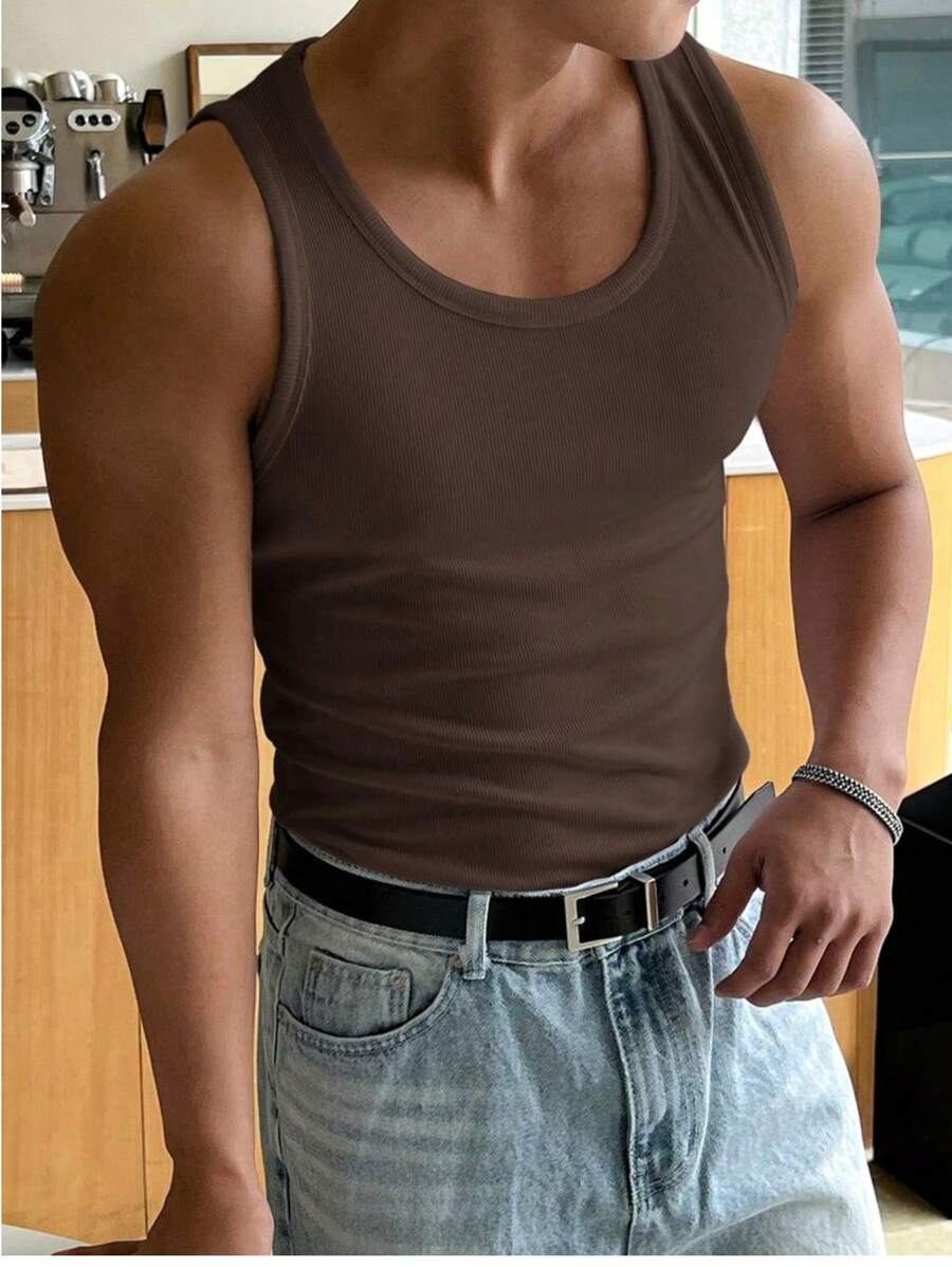 Men's Casual Basic Star Boy Style Cotton Tank Top - 鏽棕色 - 查看 1