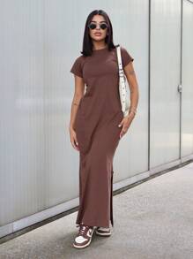 Elegant Women's Long Dress With Sleeves 100% Cotton - Óxido marrón - Ver 5