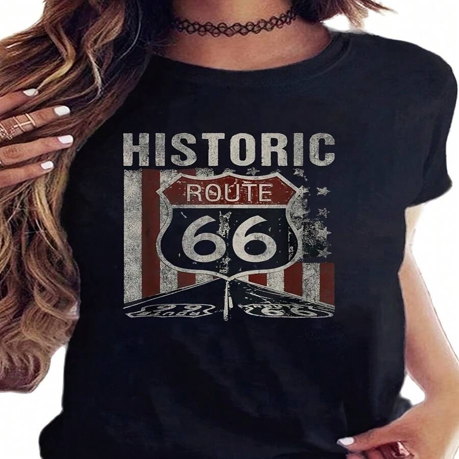 Historic Route 66 Highway Vintage America Road Sign T-Shirt Round Neck Summer Top Tshirts Tees Youth Plus Size Women Funny Gift - Black - View 1
