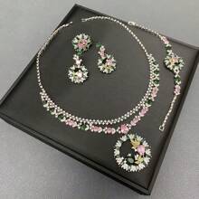 Juego de joyería para mujer con colgante, pendientes, anillo, brazalete, diseño floral con circonita cúbica y gemas de colores, juego de joyería de novia/boda, juego de joyería para vestido de noche