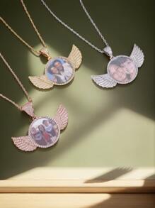 Personalized Rhinestone Studded Angel Wings Photo Necklace | Custom Photo Necklace | Hip Hop Photo Pendant | Iced Custom Round Photo Pendant,Gold,Silver,Stylish,Colorful,Vintage,Unisex,Hipster,Simple,Casual,Custom,Personalized,Unique,Ideal Gifts For Him,Ideal Gifts For Her,Her,Boyfriend,Girlfriend,Dad,Mom,Family,Friends,For Anniversaries,For Birthdays,For Graduation,For Prom,For Party,Jewelry Women,Elegant Outfit,Delicate Romance,Silver Stylish - Multicolor - View 5