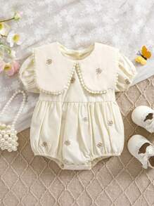 1pc Baby Girl Embroidered Lapel Bodysuit, Loose, Luxurious, Butterfly Embroidery Design, For Newborn, Summer Birthday/Occasion Wear - Apricot - View 1