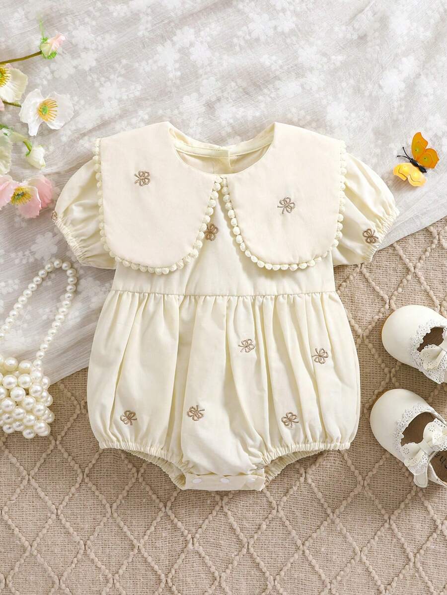 1pc Baby Girl Embroidered Lapel Bodysuit, Loose, Luxurious, Butterfly Embroidery Design, For Newborn, Summer Birthday/Occasion Wear - Apricot - View 1