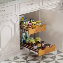 2 Tier Pull Out Cabinet Organizer (14" W X 21" D) Slide Out Wood Shelf Double Tier Kitchen Wire Basket With Chrome Finish…