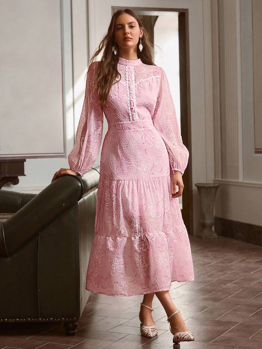 Simplee Women's Spring Summer New Mesh Floral Embroidered Lace Patchwork Dress, Party Formal Gown, Elegant Cocktail Dress, Wedding Guest, Vacation, Music Festival, Graduation, Renaissance