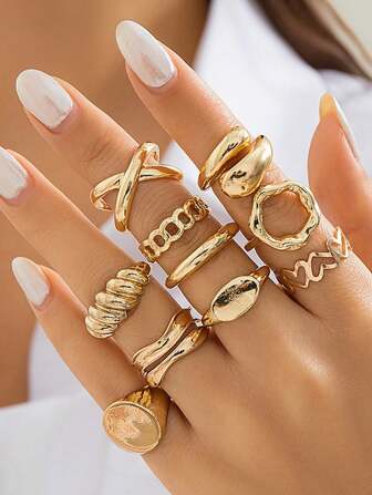 10pcs/Set Punk Style Rings Set, Vintage Geometric Rings Set For Women, Fashionable Personalized Jewelry Gift, Suitable For Daily Outfit And Party Accessories