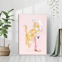 1 Framed Canvas Poster Fashion Kitten Pink Lady Hat And Pink Boots Wall Art Canvas Painting Bedroom Living Room Hallway Wall Art Wall Decor Ideal Gift For Room Decoration - Multicolor - View 3
