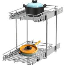 2 Tier Pull Out Cabinet Organizer (11" W X 18" D) Heavy-Duty Metal Sliding Drawer Shelf, Two Tier Pull Out Shelves For Kitchen Cabinets, Pantry, Bathroom, Chrome Finish