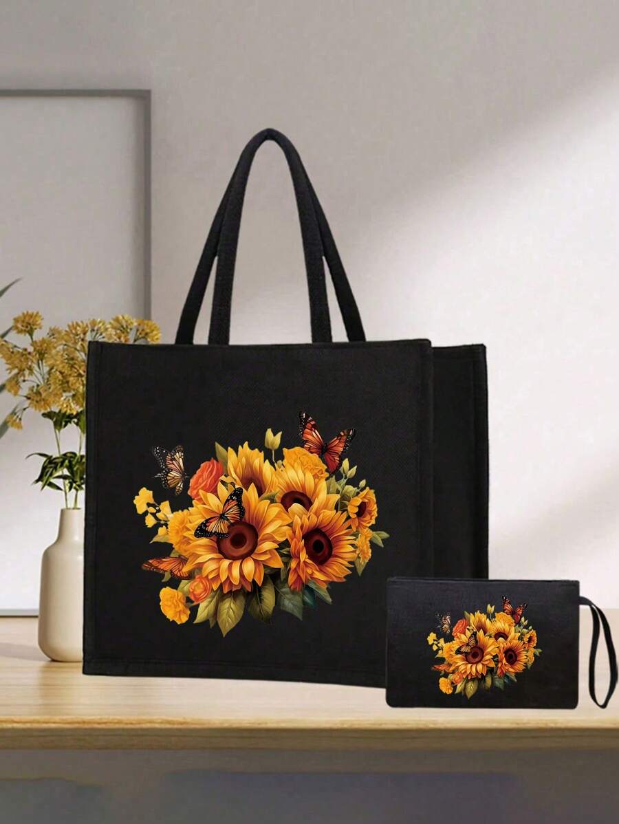 向日葵蝴蝶印花手提包和化妆包套装，可爱旅行化妆包，轻便化妆品收纳袋，零钱包，旅行必备 - 黑色 - 查看 1