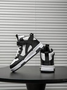 1 Pair Boys' Leather Waterproof High-Top Sneakers, Gray & White, Hook And Loop Design, Flat Non-Slip Casual Running Shoes, All Season Children Sports Shoes, Fashionable - Black - View 5