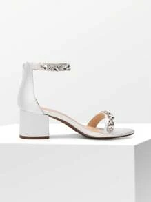 Women Chunky Low Heel Pump Sandals  Rhinestone Decor Ankle Strap Open Toe Heeled Sandals, For Daily Wearing Prom Party Wedding - 白色 - 查看 3
