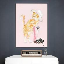 1 Framed Canvas Poster Fashion Kitten Pink Lady Hat And Pink Boots Wall Art Canvas Painting Bedroom Living Room Hallway Wall Art Wall Decor Ideal Gift For Room Decoration - Multicolor - View 2