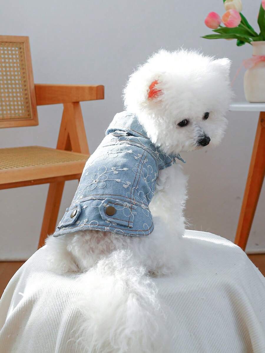 PETCIRCLE 1pc Pet Clothes, Cute Stylish Outfit For Small Dogs & Cats, Comfortable Decorative Denim Effect Jacket - Blue - View 1
