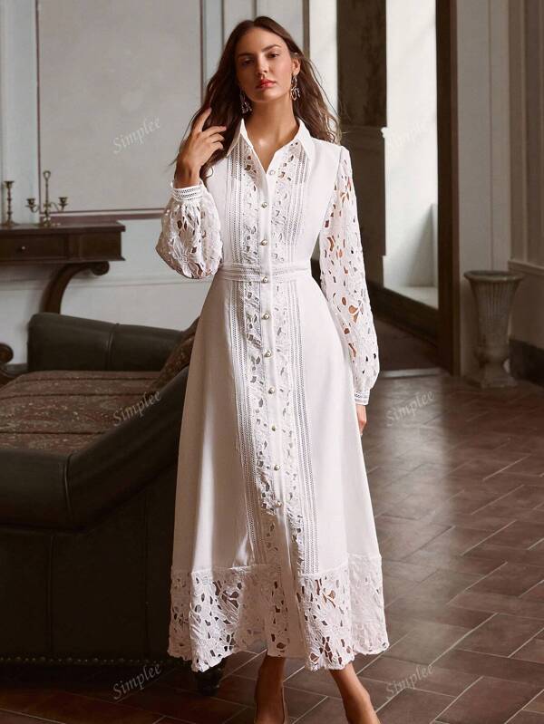 Simplee Women's Spring/Summer New Solid Color Lace Patchwork Button Decor Long Dress, Elegant Formal Dress, Wedding Guest Attire, Vintage Style, Suitable For 4th Of July, Birthday