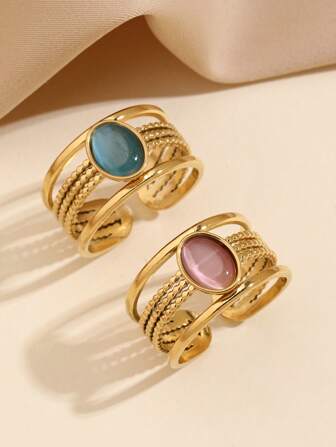 1 件、2 件不锈钢时尚复古风格女士粉色和蓝色猫眼宝石开口戒指套装，适合女性日常佩戴或送礼