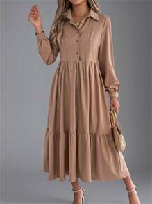 Vestido de otoño con cuello de solapa, tapeta parcial con botones, manga larga, ribete de volantes, liso, midi, recto, sofisticado, para el día y la noche, para mujer - Caqui - Ver 1