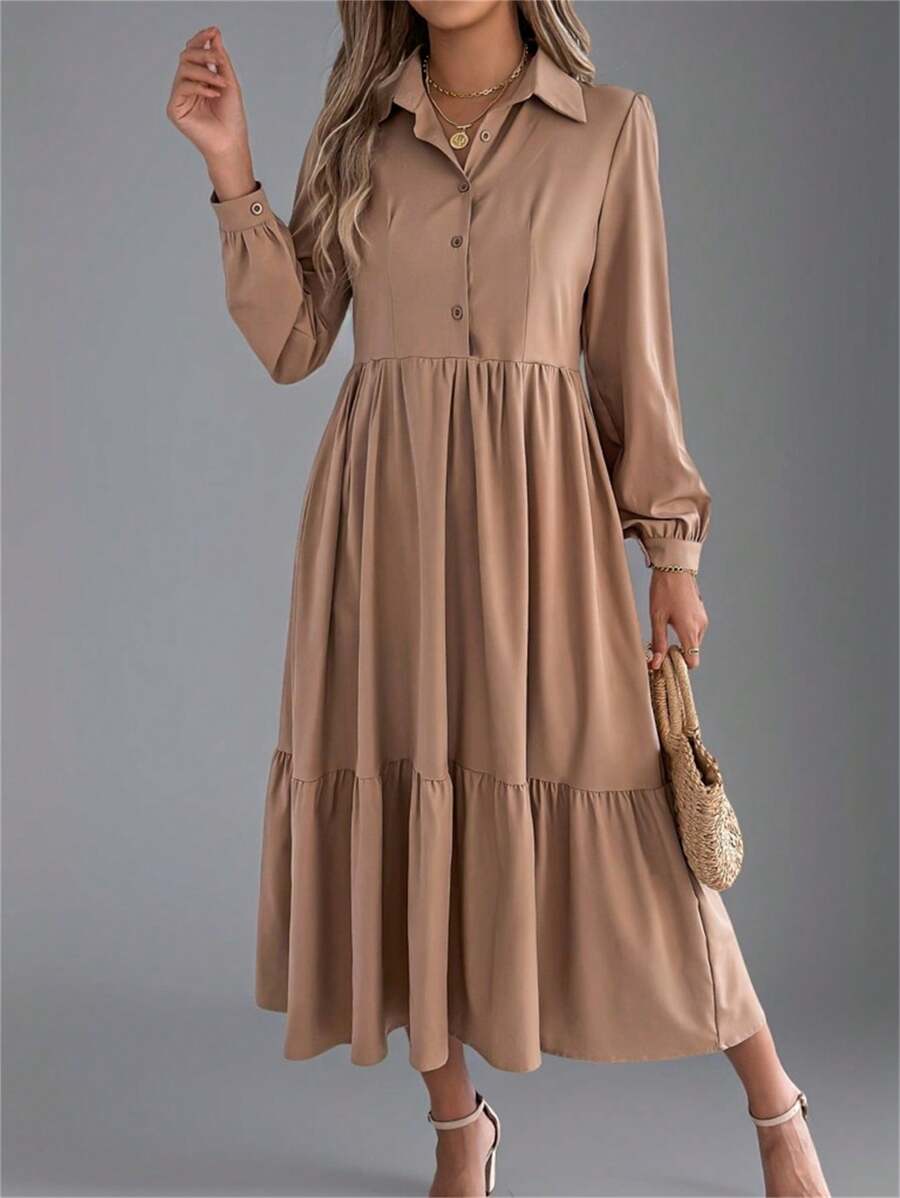 Vestido de otoño con cuello de solapa, tapeta parcial con botones, manga larga, ribete de volantes, liso, midi, recto, sofisticado, para el día y la noche, para mujer - Caqui - Ver 1